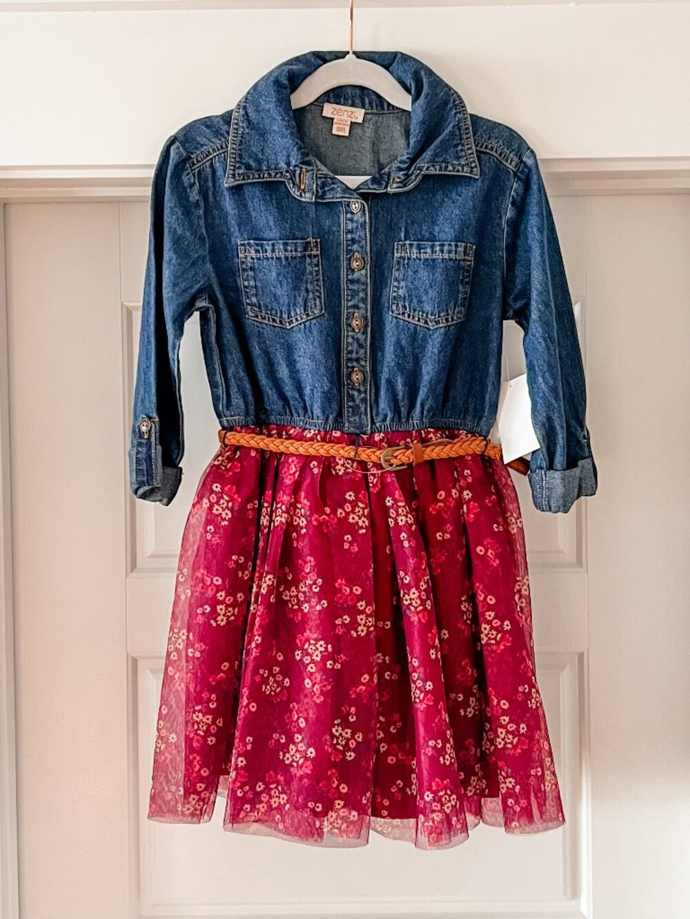 Girls' Denim Tulle Dress in Burgundy